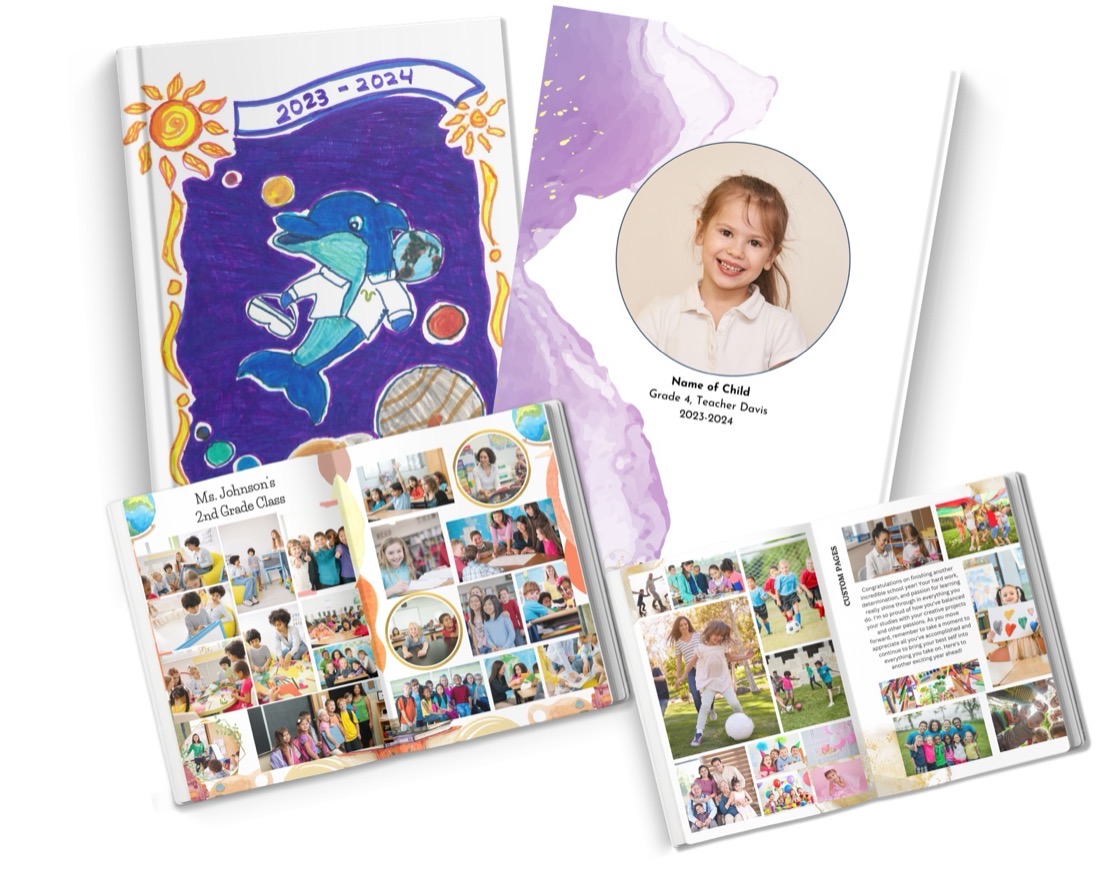 A personalized Rethink yearbook — name-and-photo cover, auto-built myClass/myGrade pages, and custom pages